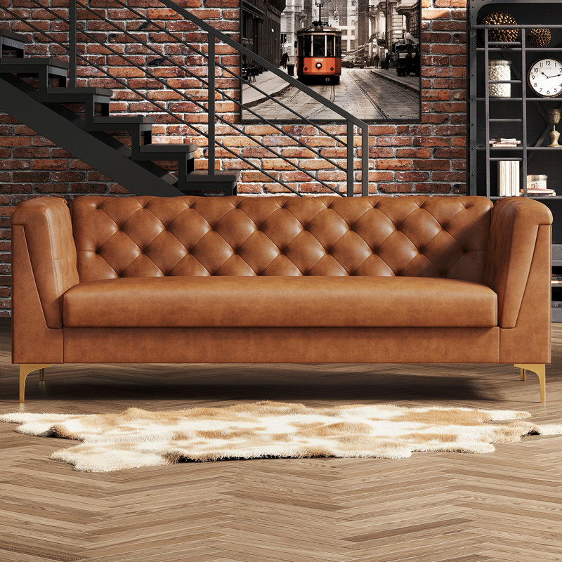 80.7" Faux Leather Chesterfield Upholstered Sofa, 3-Seater Couch with Gold Metal Legs for Living Room, Brown Faux Leather