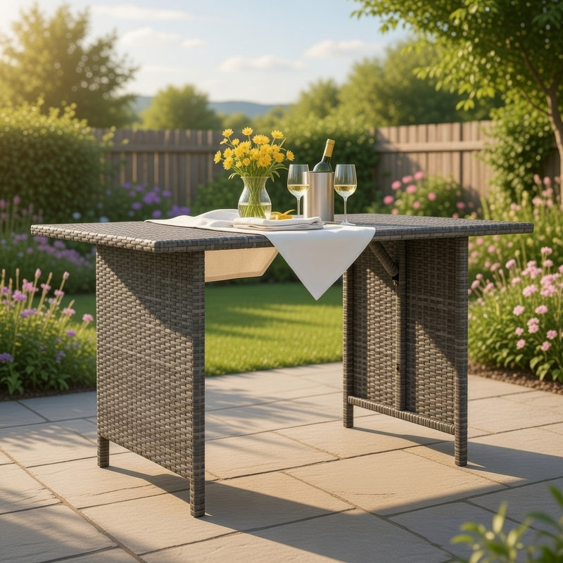 Table de salle à manger d'extérieur, plateau rectangulaire de 43 pouces, rotin de polyester gris foncé