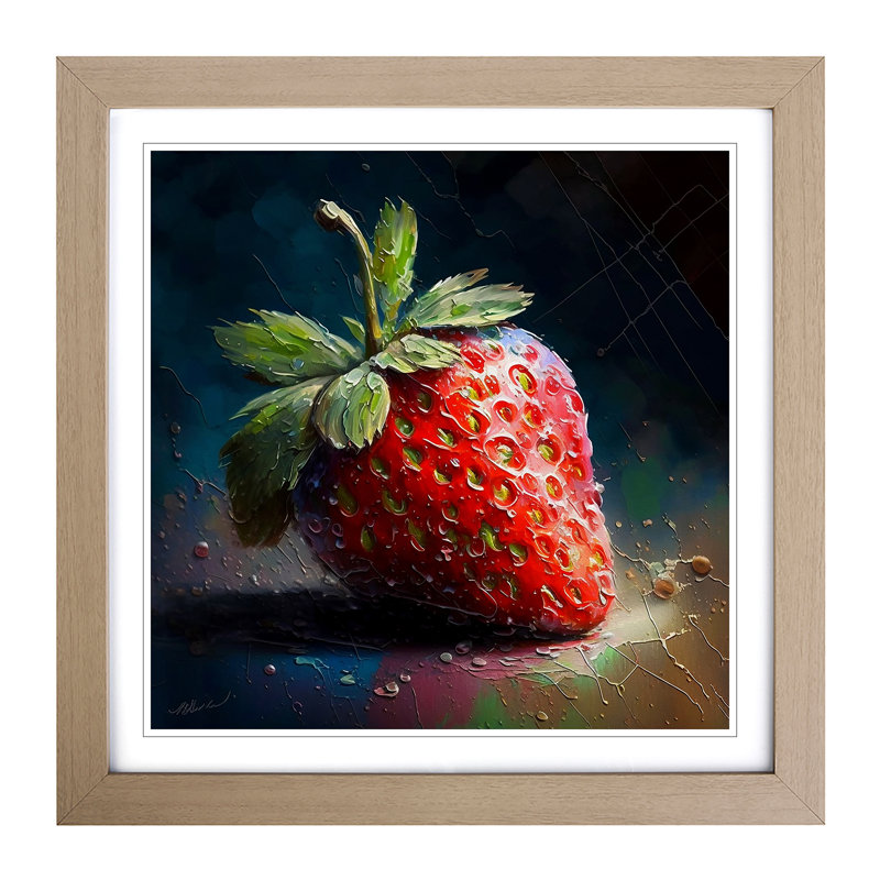 Strawberry Palette Knife Painting - Single Picture Frame Print on Wood, Oak