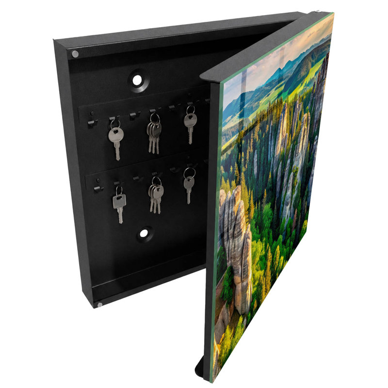 Wall mounted key box, Opens to the left, 30x30x5, White, Majestic rocks and green forest, 