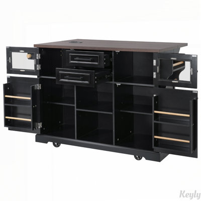 54.9" Kitchen Island with Drop Leaf, Power Outlet, Kitchen Storage Cart with 4 Door Shelves, Cross Barn Doors  Visual Glass Door, Rolling Kitchen Isl