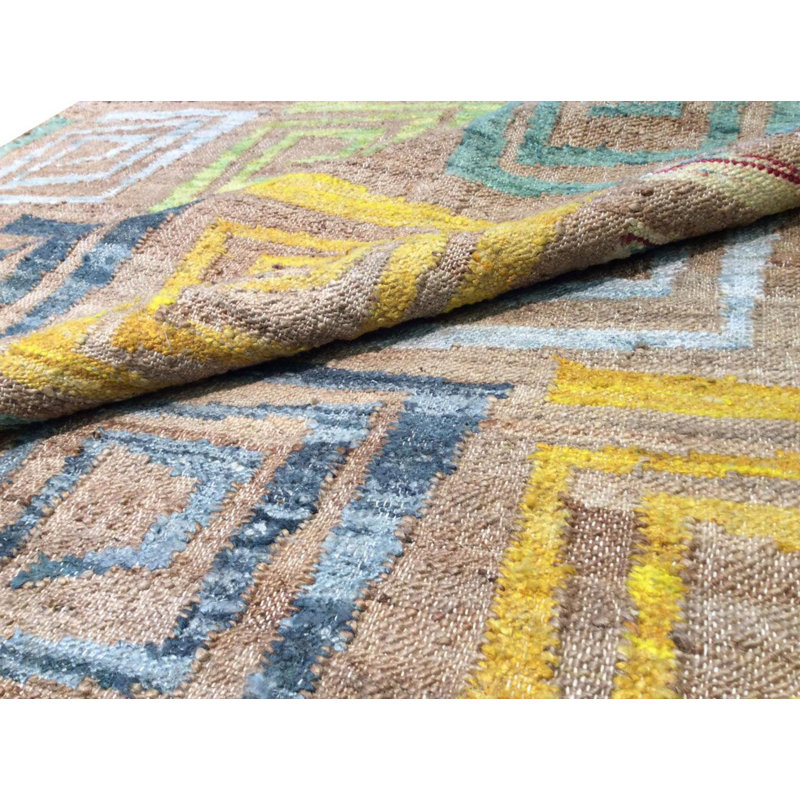 Tapis géométrique en coton / laine tissé à plat à la main à motif géométrique multicolore, Rectangulaire 8 pi x 11 pi