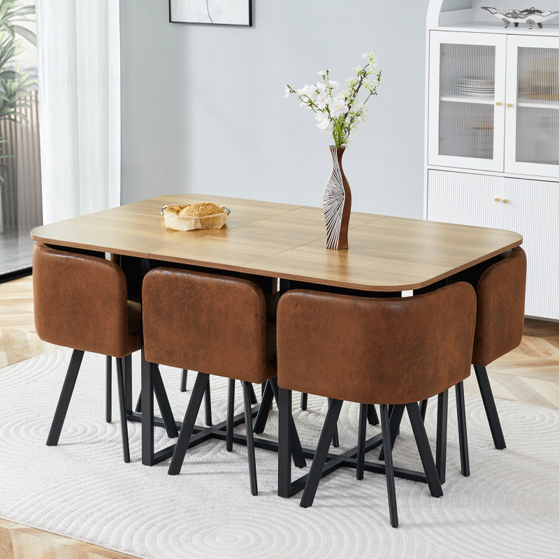 Ensemble de 7 pièces pour économiser de l'espace: table en mélamine + chaise rembourrée en polyuréthane, structure en fer thermolaqué noir pour la cuisine / salle à manger