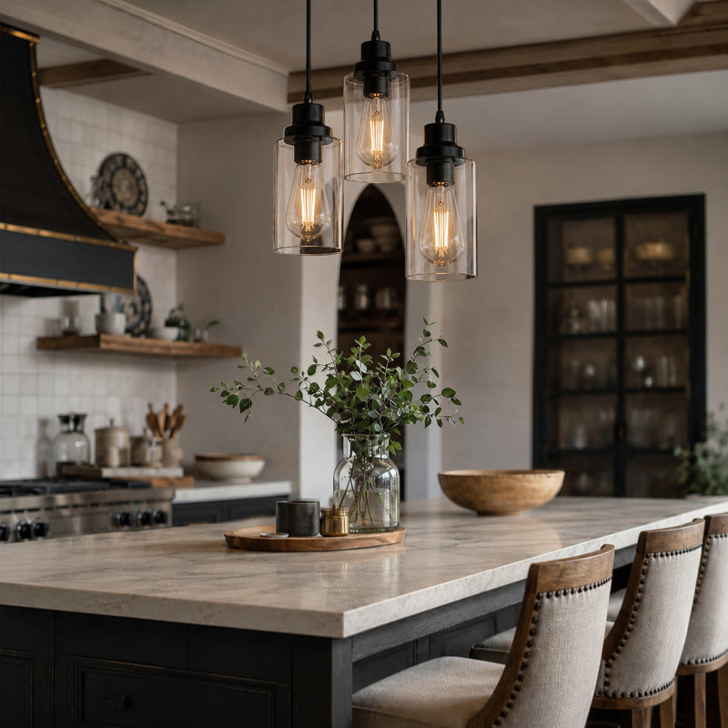 Luminaire suspendu pour îlot de cuisine cylindrique à 3 lumières à intensité variable Nashra, Noir mat
