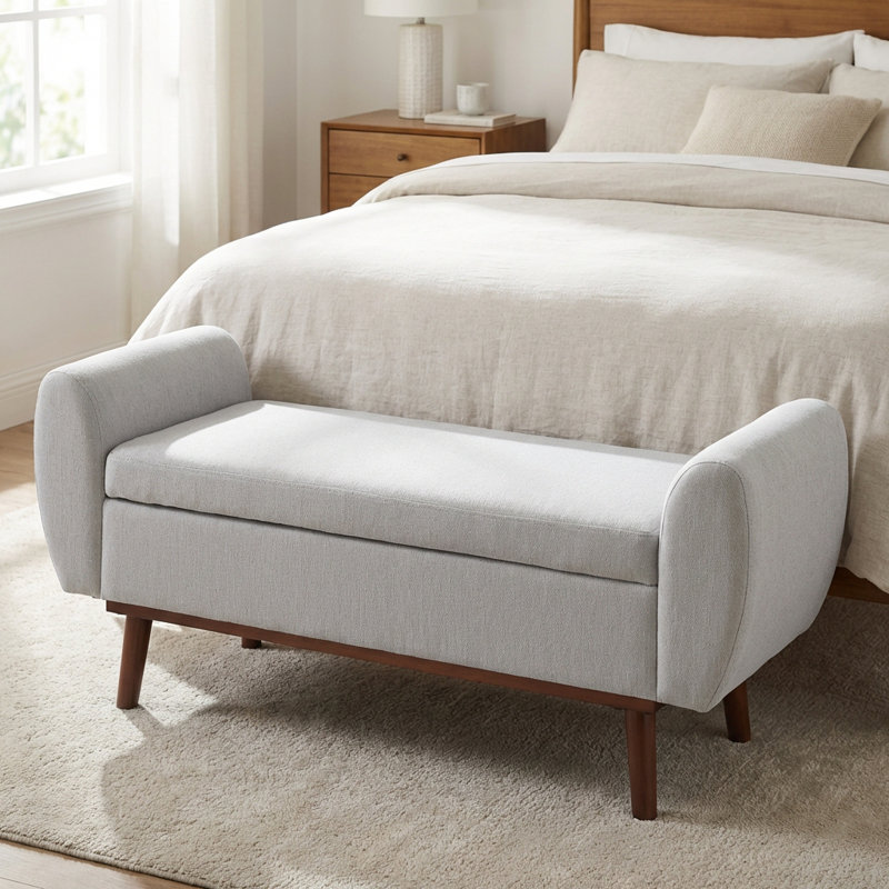 Upholstered Storage Bench with Solid Wood Leg, Light Gray