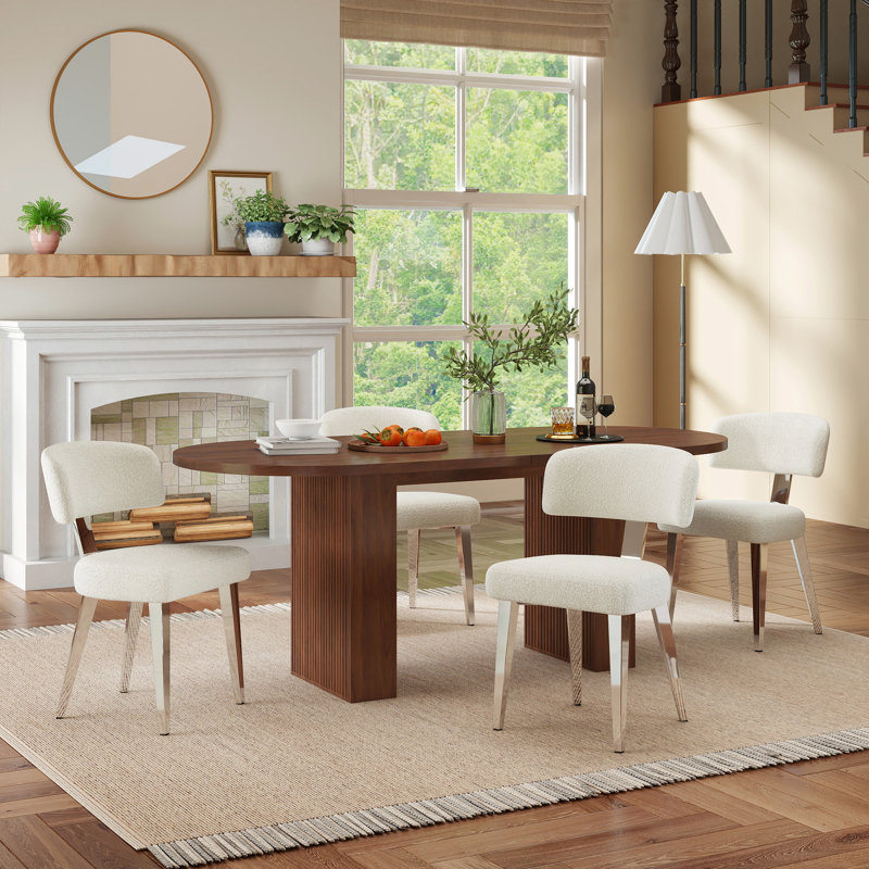 62.9" Oval Dining Table Set For 4-6, MDF Top Kitchen Table With 4-6 Soft Boucle Upholstered Dining Chairs, Modern Luxury Comfort Dining Room Set For Small Space, Apartment & Home
