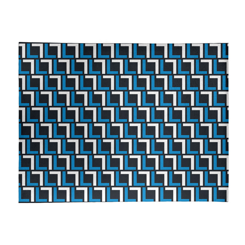 Tapis géométrique bleu marine / blanc cassé, Rectangle 5 pi x 7 pi
