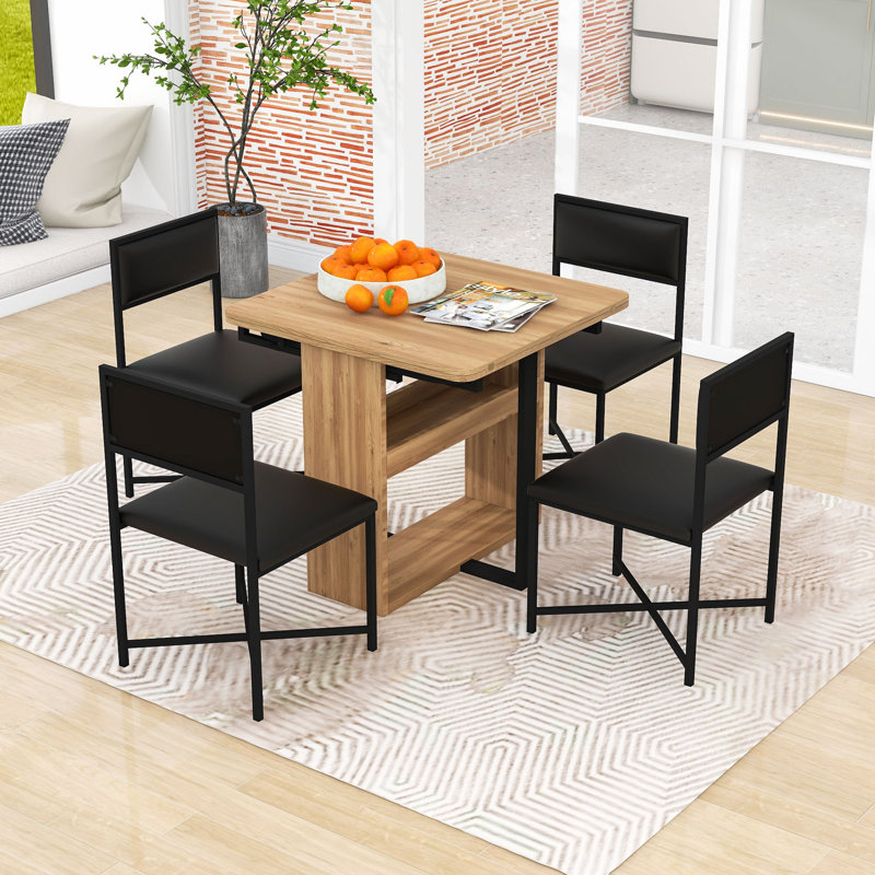 5-Piece Space-Saving Extendable Dining Table Set with Storage Rack and Upholstered Chairs, Black