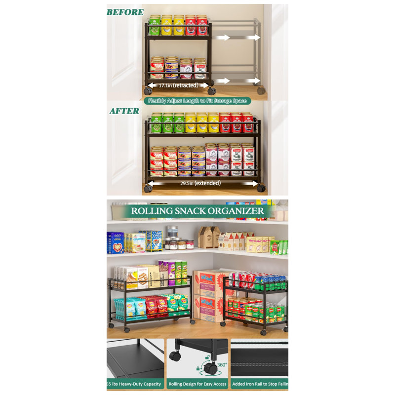 2-Tier Expandable Rolling Pantry Cart With Wheels, Black
