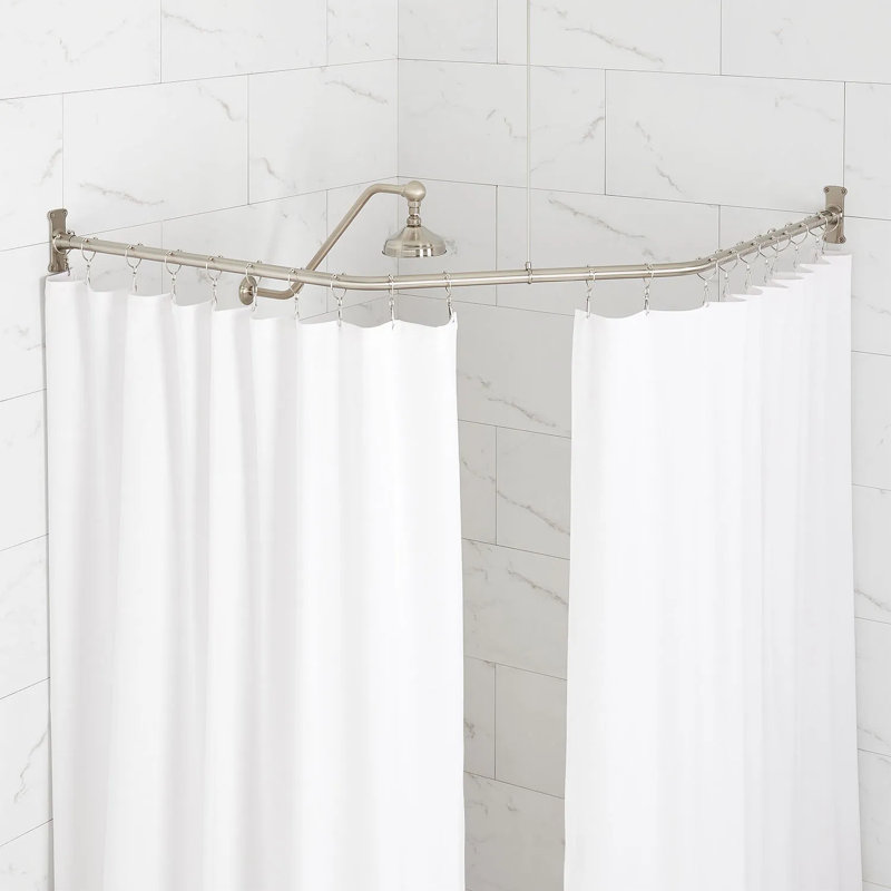 Neo-Angle Brass Shower Rod with Ceiling Support, Brushed Nickel