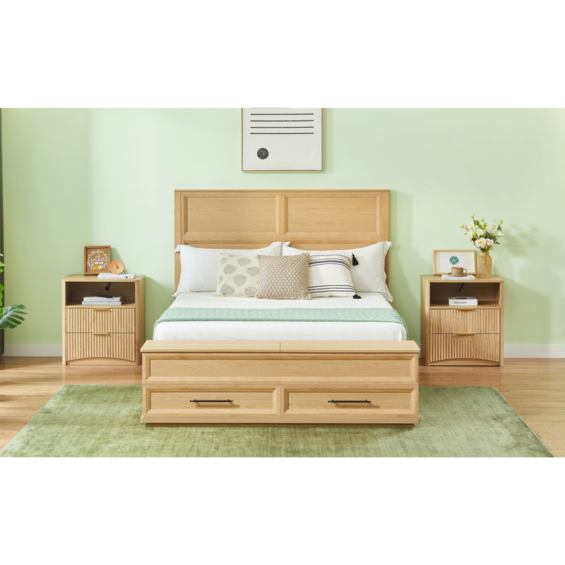 Lit avec tête de lit géométrique 3D et banc de rangement - rangement à 4 tiroirs, mobilier de chambre moderne, Grand lit, Oak