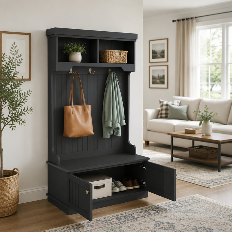 Arbre d'entrée multifonctionnel avec banc à chaussures de rangement et portemanteaux, design 4 en 1 pour vestibule et couloir