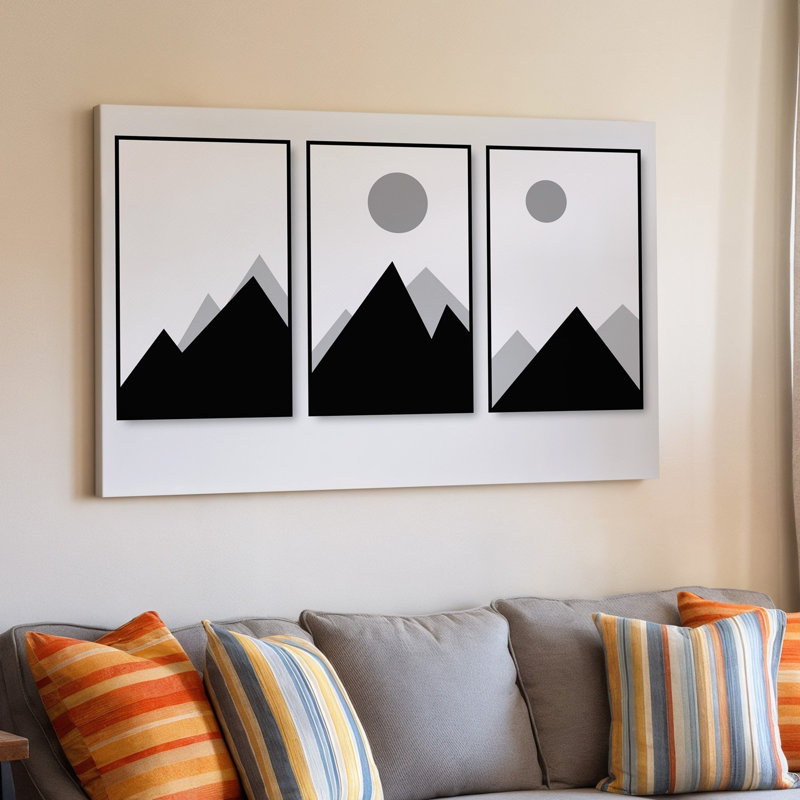 Toile, création d'une œuvre minimaliste avec trois panneaux rectangulaires disposés horizontalement sur un fond gris clair