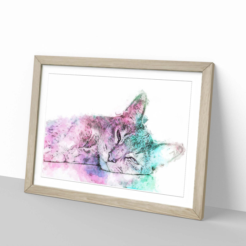 Colourful Abyssinian Cat in Abstract - Picture Frame Graphic Art Print, 48cm H x 65cm W x 2cm D, Oak Framed