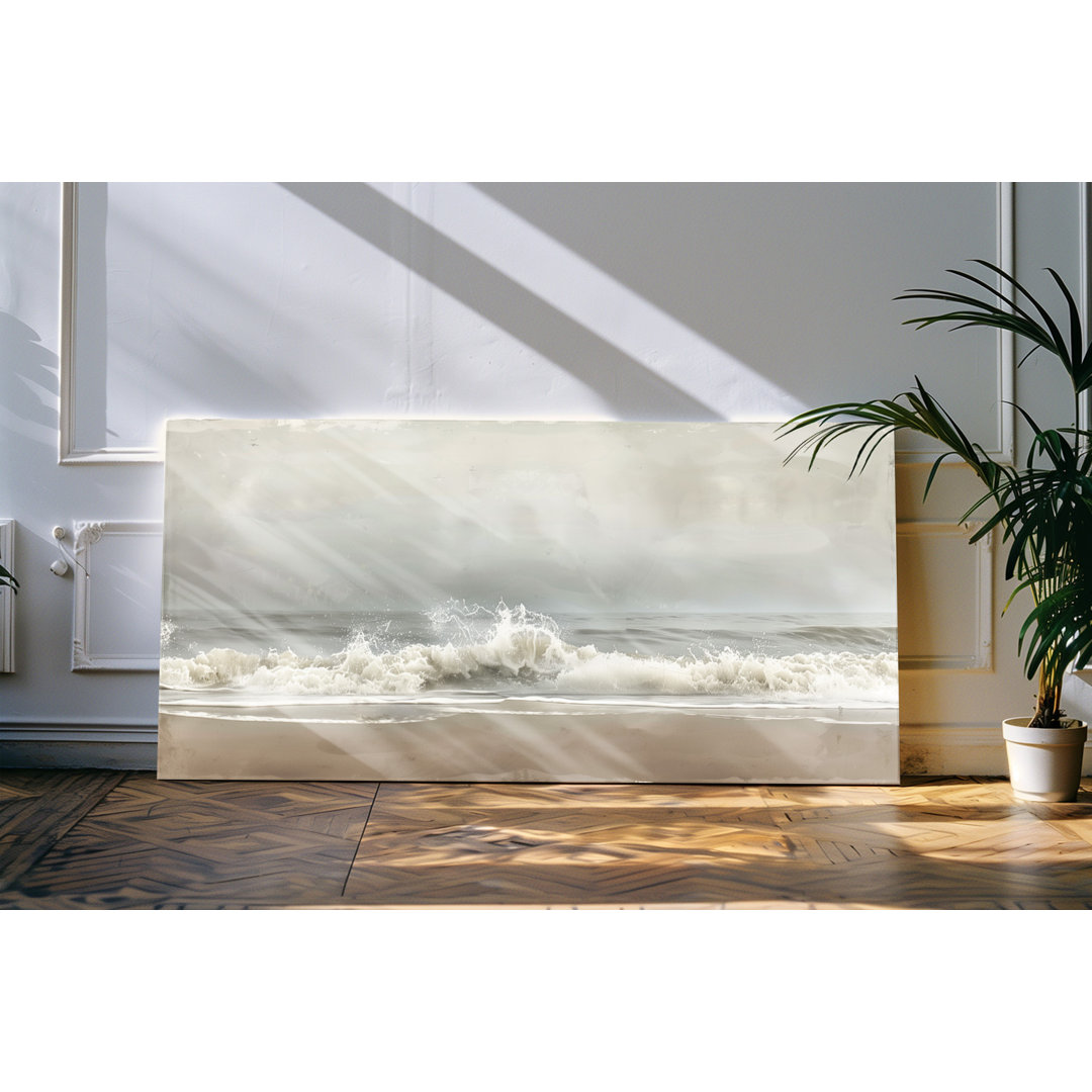 Leinwandbild gerahmt 120x60cm Meer Strand Wellen Horizont Ozean Grau