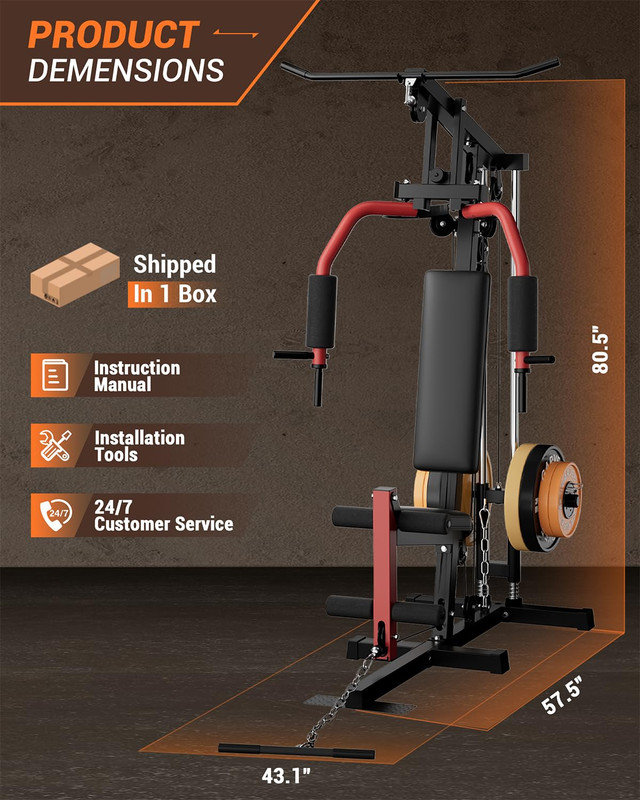 Appareil multifonctionnel de gymnastique à la maison avec système de poulie, presse pour les jambes, équipement de musculation complet pour les plateaux de poids de 1 po et de 2 po