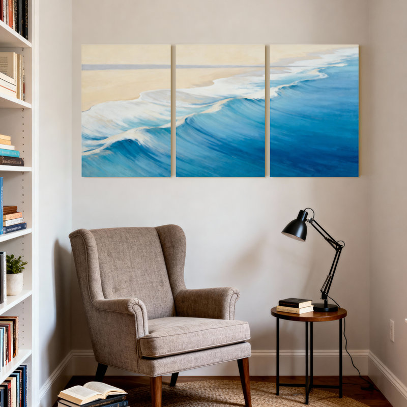 Ensemble de 3 tableaux muraux sur toile représentant un paysage marin et des vagues de l'océan, H 36 po x l 72 po