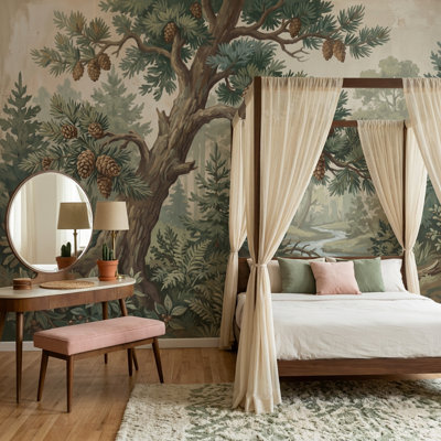 Misty Woods Wallpaper Forest Landscape Removable Vintage Nature Wall Decor