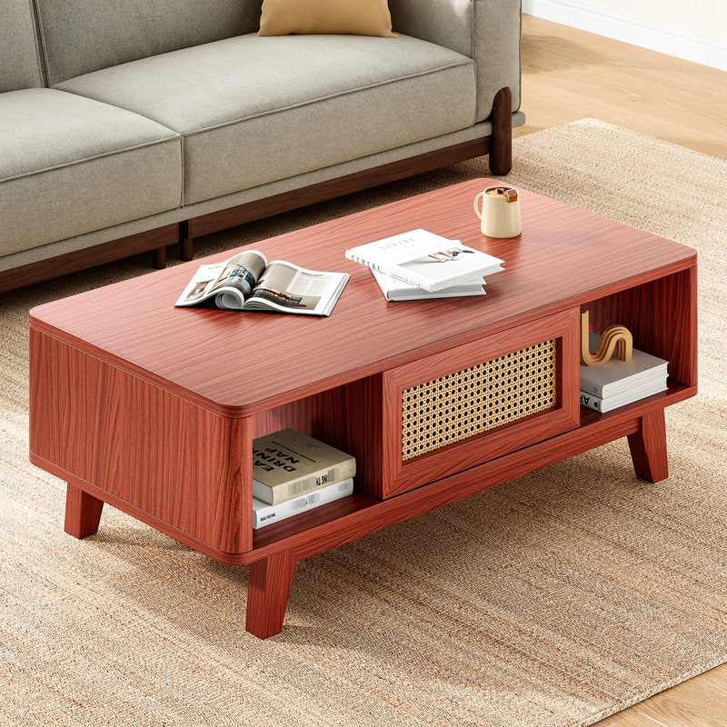 Table basse de style Mid-Century avec rangement de tiroir et look élégant, pieds en bois sur bois massif, couleur cerise, bois d'ingénierie, rectangle, longueur de 43,7 po, guide d'assemblage rapide pour le salon, couleur carrée,