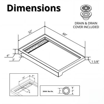 60” x 32” Acrylic Shower Pan Base with Glossy Finish & Stainless Steel Linear Drain Cover