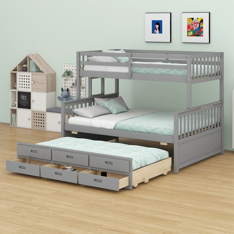 Janalise Kids Twin Over Full Bunk Bed with Trundle with Drawers, Gray