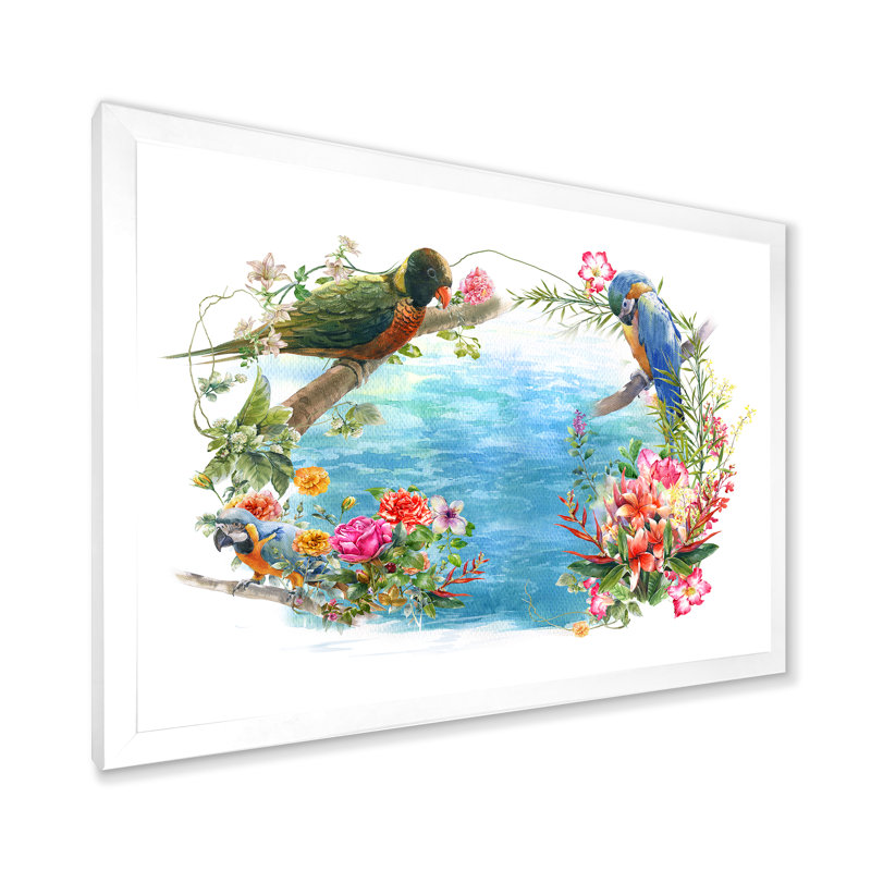 Oiseaux et fleurs au bord de l'eau - peinture sur toile, H 30 po x l 40 po x 1,5 po, Cadre photo blanc