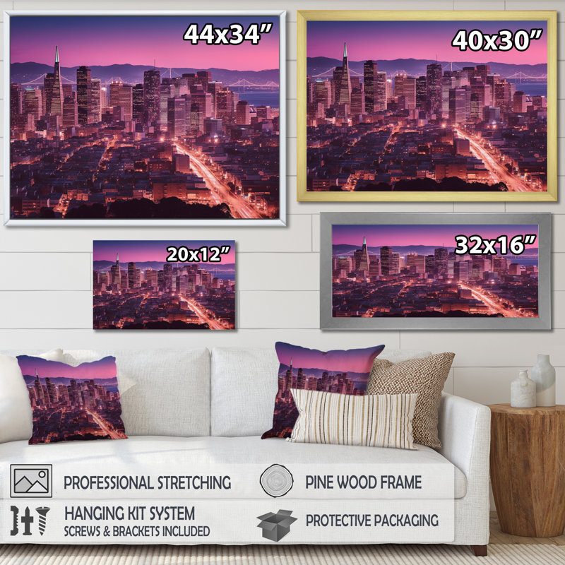 «San Francisco Skyline And Bay Bridge VII», reproduction sur toile, H 30 po x l 40 po x P 1,5 po, Cadre photo noir