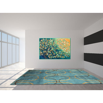 Tapis décoratif bleu soie/laine Touffeté à la main à motif géométrique Barba