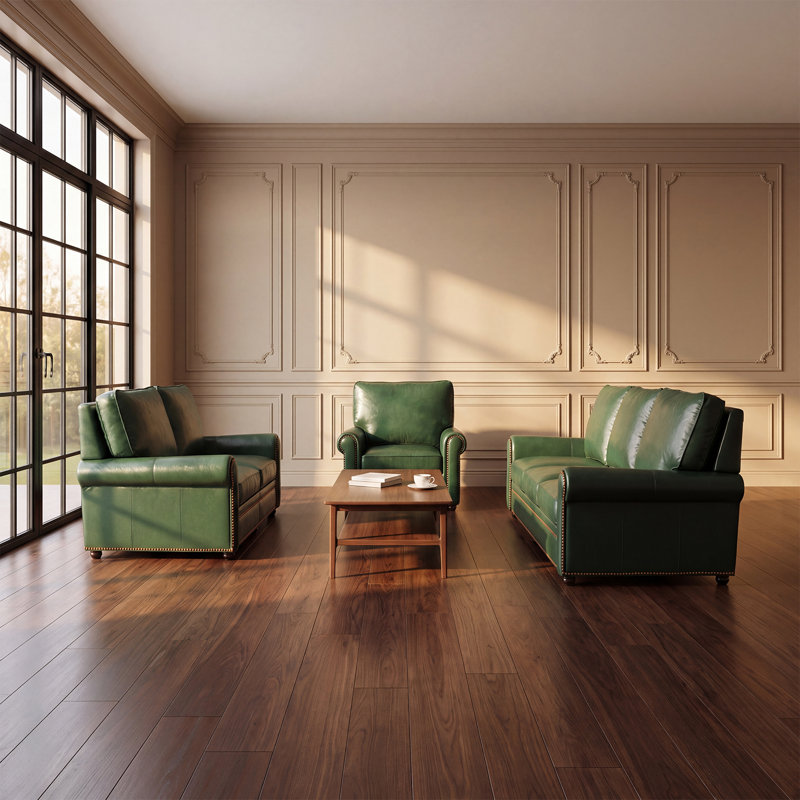 Canapé classique en cuir Chesterfield, 3 Pcs: Chair, Loveseat, Sofa, Green