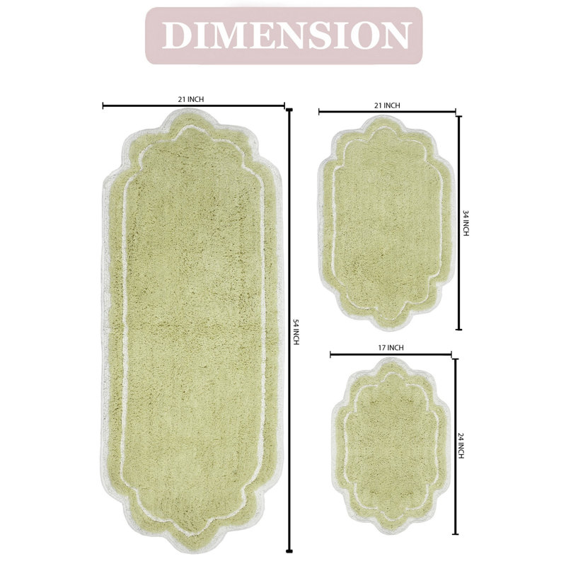 Dobrinka Cotton Bath Rug Set, Machine Washable, Quick Dry, Absorbent - 3 Piece Set, Green