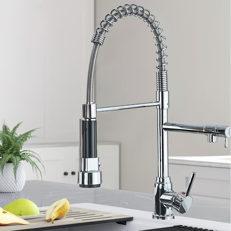 Chrome Kitchen Faucet with Pull Down Sprayer Double Spout Kitchen Sink FaucetSingle Handle Stainless Steel Spring Kitchen Faucets
