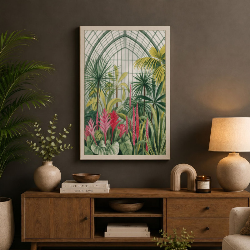 Greenhouse Sanctuary Botanical - Wrapped Canvas, 36x24 - 91.4 x 61.0 cm, Taupe Border