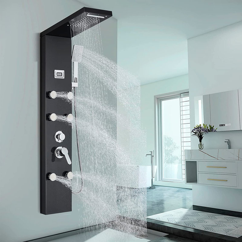Système de panneau de douche noir 6 jets de massage pour le corps avec douche à main