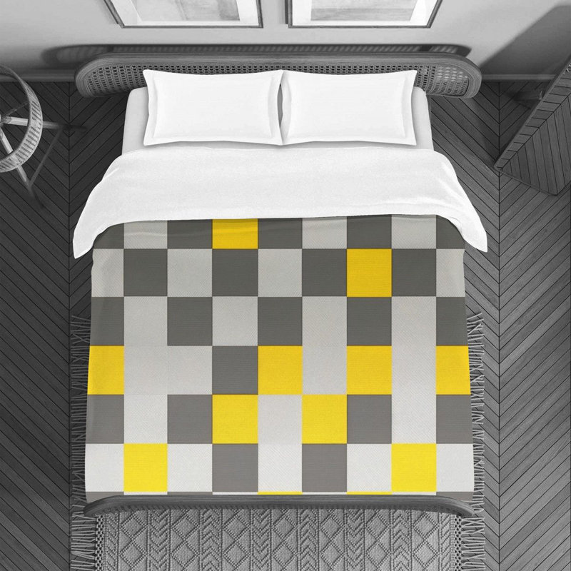 Housse de couette , Housse de couette pour lit simple, Gris / damier jaune