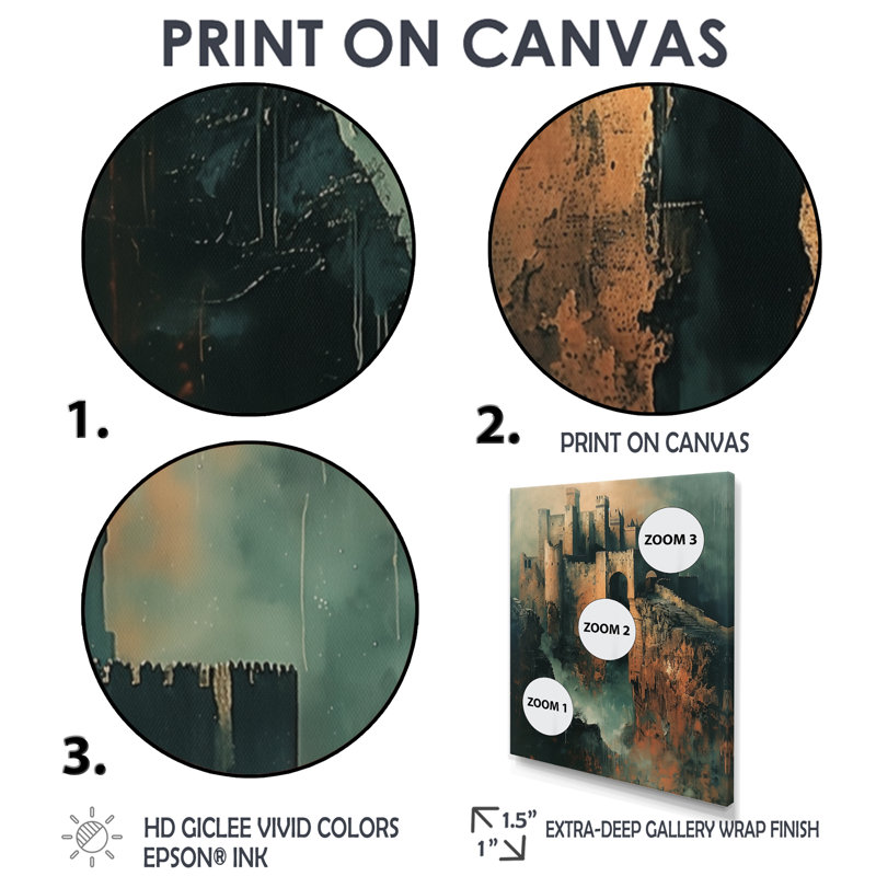 Art mural gris, château fortifié, château fortifié, Toile avec cadre flottant brun, H 20 po x l 12 po x P 1 po
