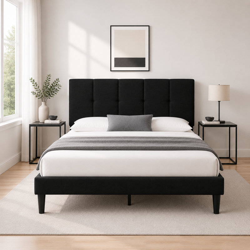 Dajai Upholstered Unfinished Platform Bed, Queen, Black