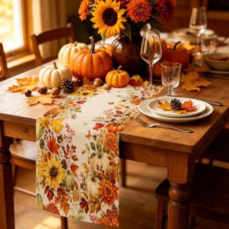 Chemin de table automnal 13 x 60 po avec décor citrouille, tournesol et feuille, L 60 po