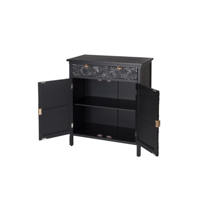 Hand-Carved Accent Cabinet, Black Wooden Storage Cabinet with Drawer & Doors, Floral Embossed Sideboard with Gold Handles for Entryway, Living Room, 14.97"x31.5"x36.82"