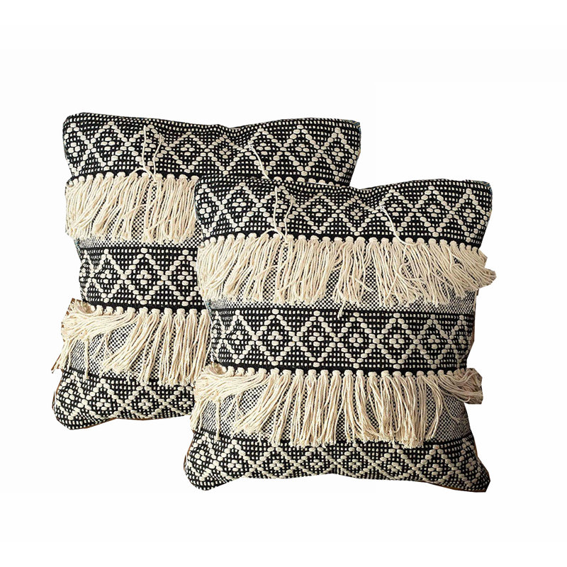 Black and Ivory Cotton Diamond Fringe Throw Pillow Covers, Set of 2