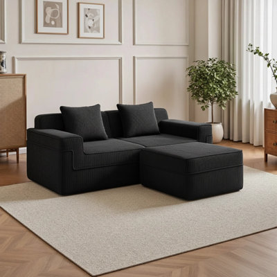 Canapé modulaire à compression en L à 2 places avec coussins décoratifs et 1 repose-pieds mobile