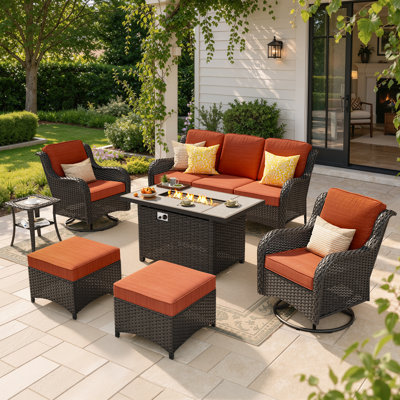 Ensemble de conversation d'extérieur en osier pour 5 personnes, ensemble de chaises de patio pivotantes avec foyer et coussins