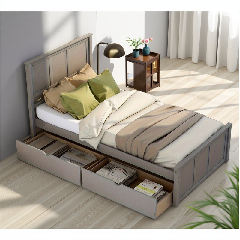 Structure de lit plateforme grise avec 2 tiroirs sous le lit, lit de rangement durable en bois massif et en bois aggloméré, assemblage requis