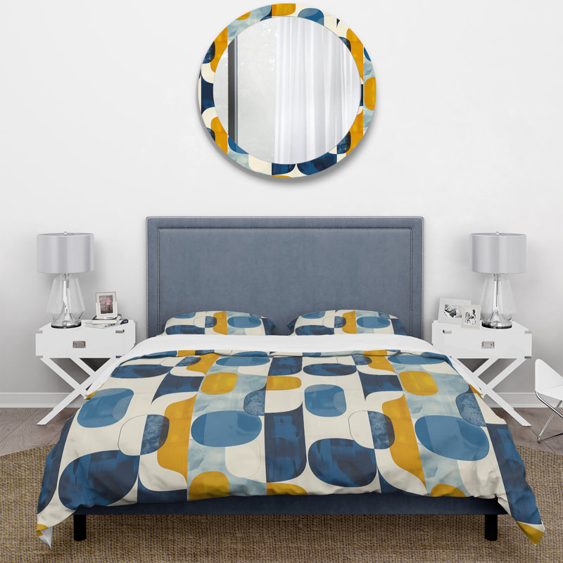 Blue And Yellow Midcentury Geometry - Midcentury Duvet Cover Set, King Duvet Cover + 2 King Shams