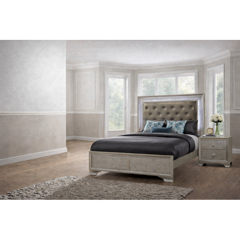 Ensemble de chambre à coucher de luxe à panneau tapissier avec capitonnage à DEL de couleur champagne, 3 pièces, Lit simple