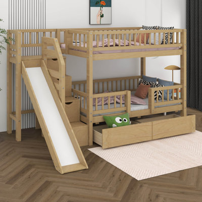 Twin Over Twin Bunk Bed With Storage Staircase, Solid Wood Bunk Bed Frame With Slide And 2 Drawers