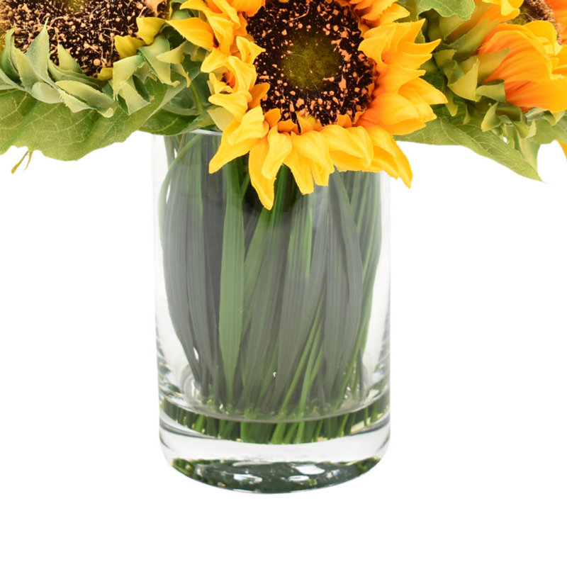 Sunflowers In Glass Vase With Grass, Yellow