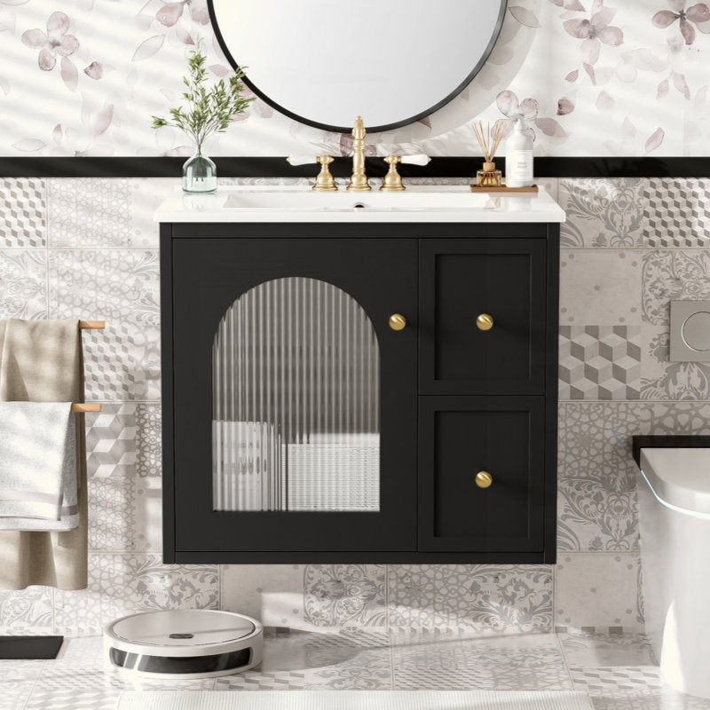 Ensemble de meuble-lavabo mural 24 po pour petit espace, armoire de salle de bain avec lavabo en céramique, 2 tiroirs et 1 porte à fermeture en douceur