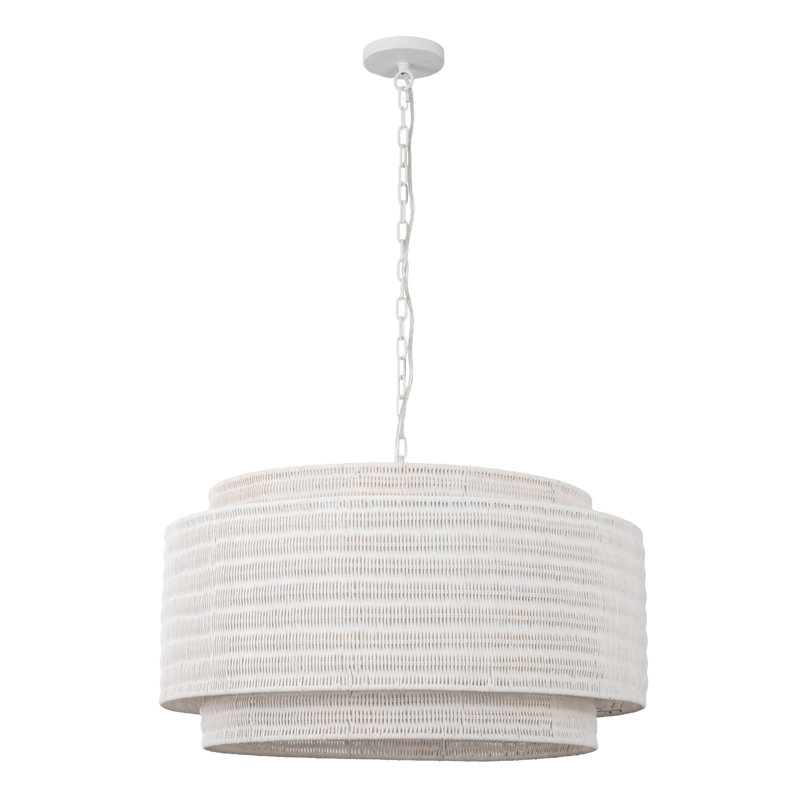 4-light 28"W Hand-Woven Rattan Modern Farmhouse Drum Chandelier with White Metal for Dining Room or Bedroom, White