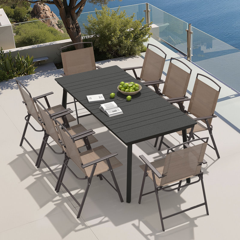 8 - Person Metal Patio Diining Set With Foldable Chairs And Umbrella Hole, Black, Brown