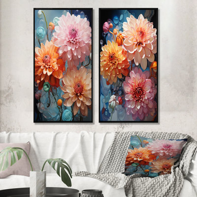 Ensemble de 2 reproductions d'art mural Zinnias rose orange et transparent